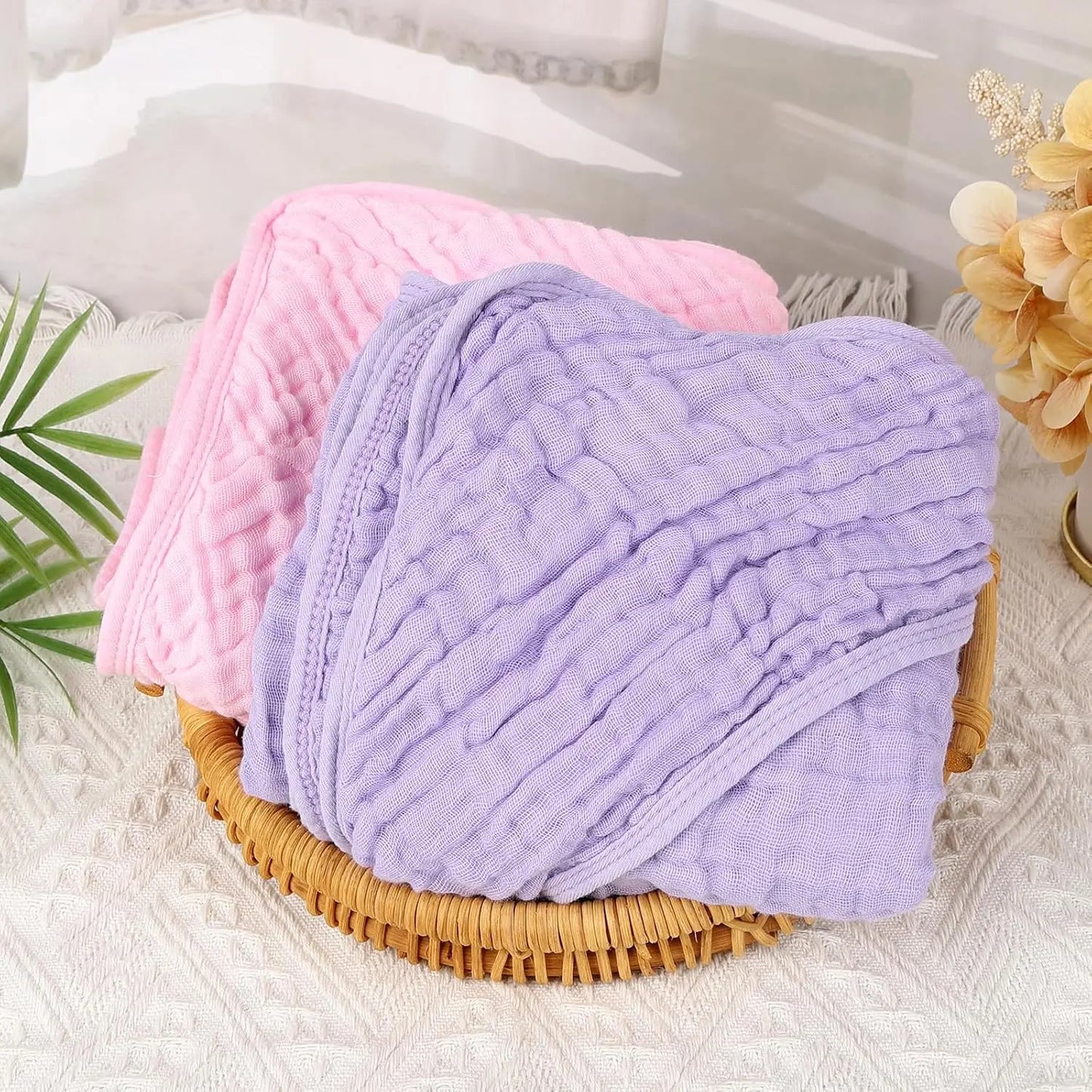 2 Pack Hooded Muslin Cotton Baby Towels, 32x32 Inch, Pink & Purple - Soft and Absorbent for Newborns