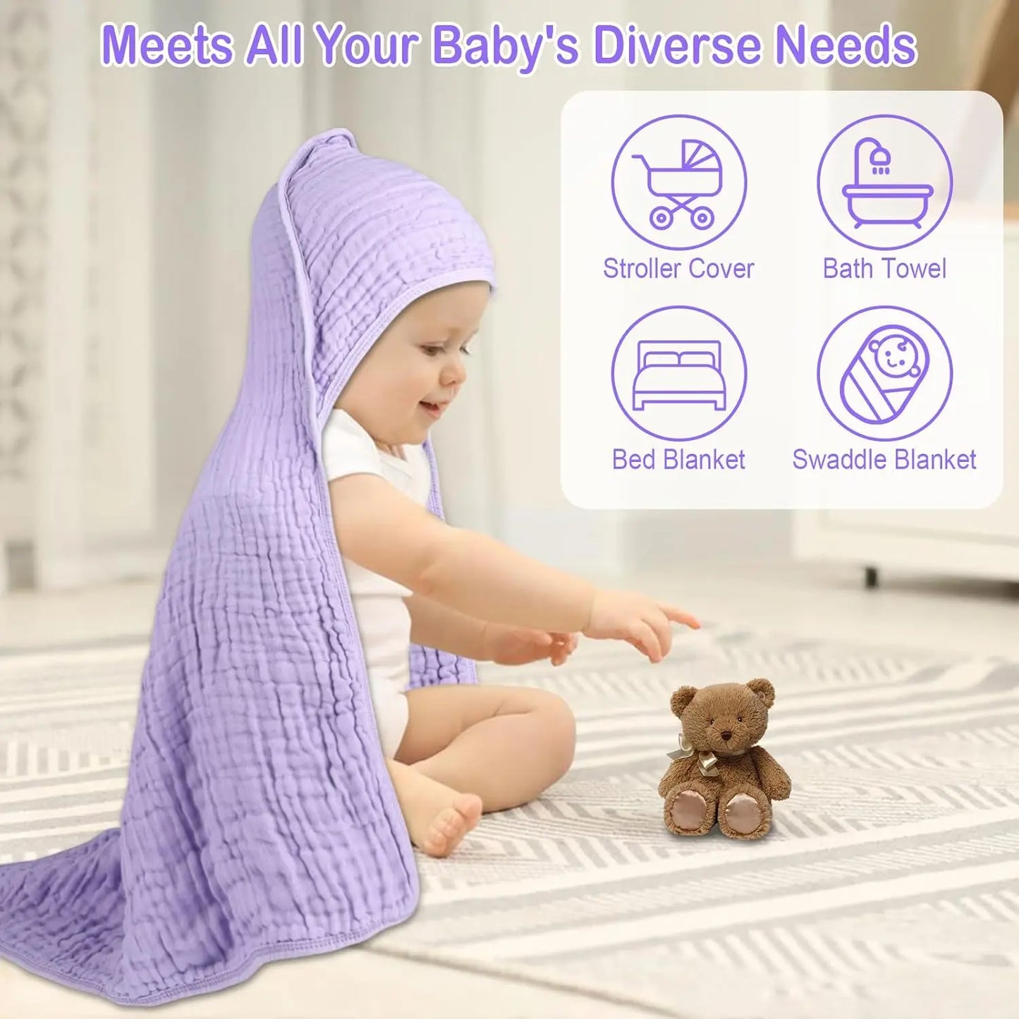 2 Pack Hooded Muslin Cotton Baby Towels, 32x32 Inch, Pink & Purple - Soft and Absorbent for Newborns