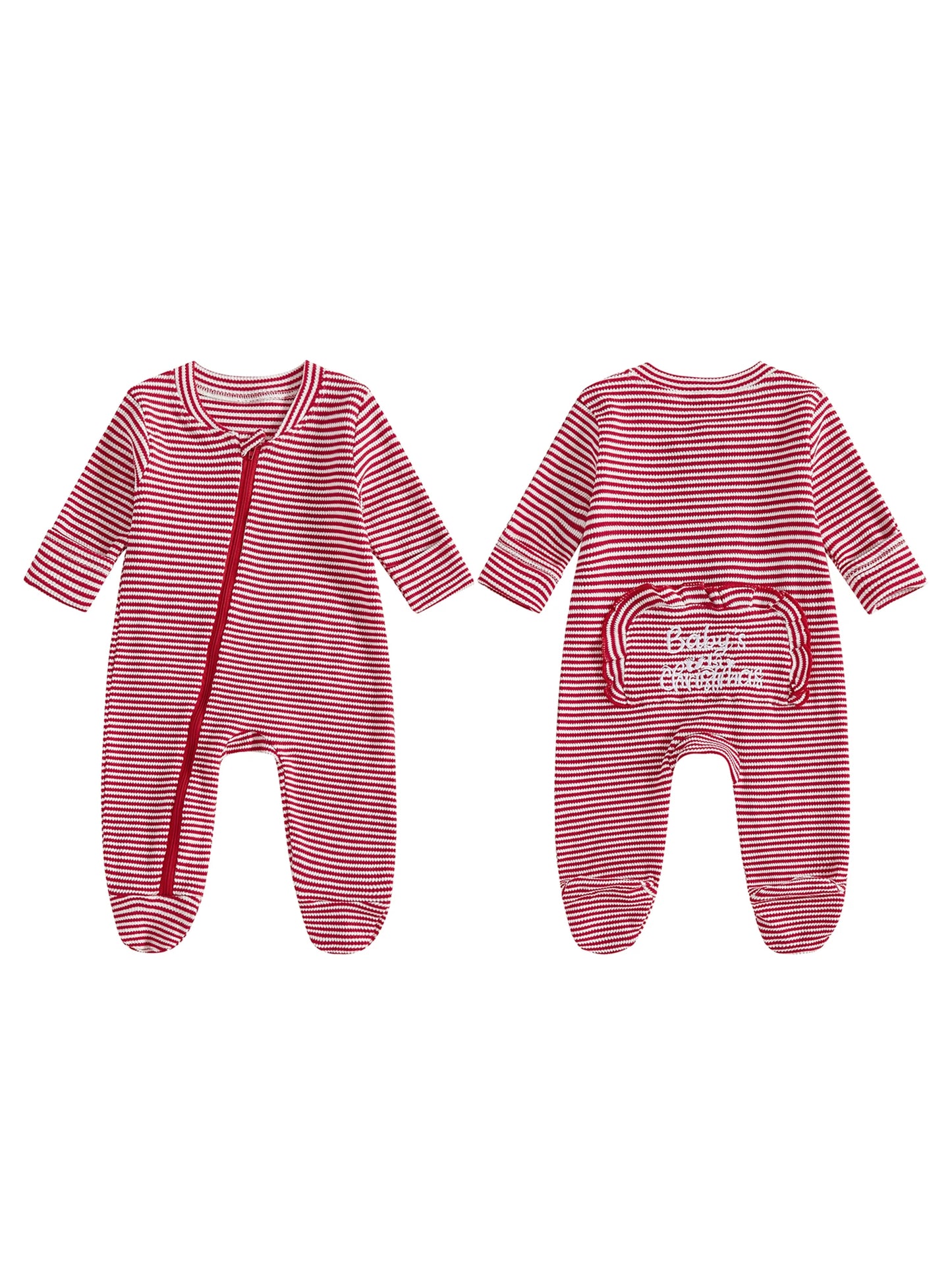Infant Unisex Bodysuit Round Neck Long Sleeve  Striped Footed Pajama with Full-Length Zipper Closure