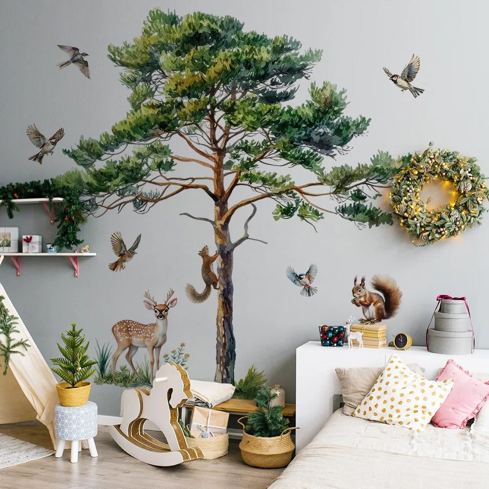 Watercolor Pine Tree Wall Decal with Squirrels, Deer and Birds, Removable Forest Animal Wall Stickers for Bedroom Nursery