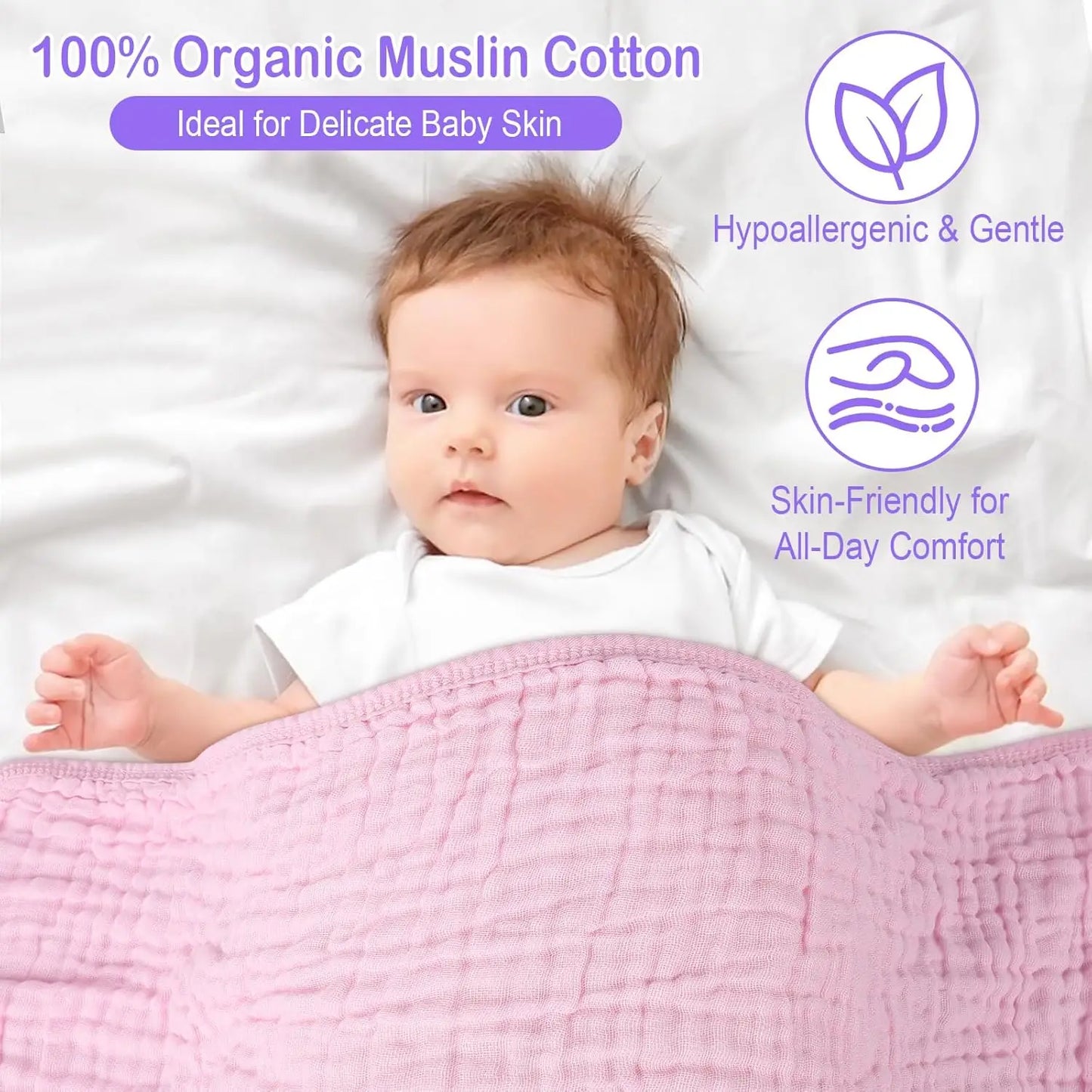 2 Pack Hooded Muslin Cotton Baby Towels, 32x32 Inch, Pink & Purple - Soft and Absorbent for Newborns