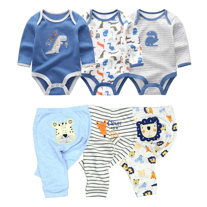 6/8PCS Cotton Baby Boy Clothes Sets Print Bodysuits+Pants Newborn Baby Girl Clothes Long Sleeve Spring Autumn