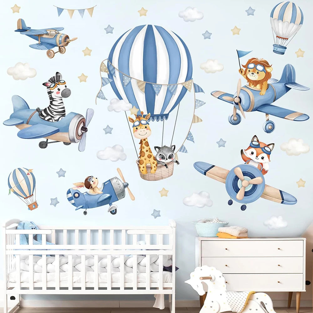 Large Blue Hot Air Balloon Animals Airplane Wall Sticker Baby Nursery Kids Room Giraffe Lion Fox Wall Decal  Bedroom Living Room