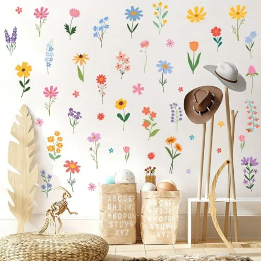 Spring Flower Wall Stickers 8 Sheets Wildflower Wall Decals Peel and Stick Floral Wall Decor for Girls Bedroom Nursery Spring R