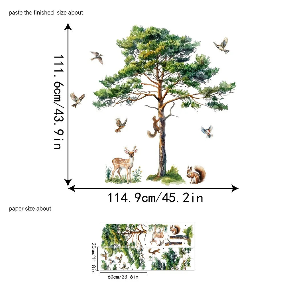 Watercolor Pine Tree Wall Decal with Squirrels, Deer and Birds, Removable Forest Animal Wall Stickers for Bedroom Nursery