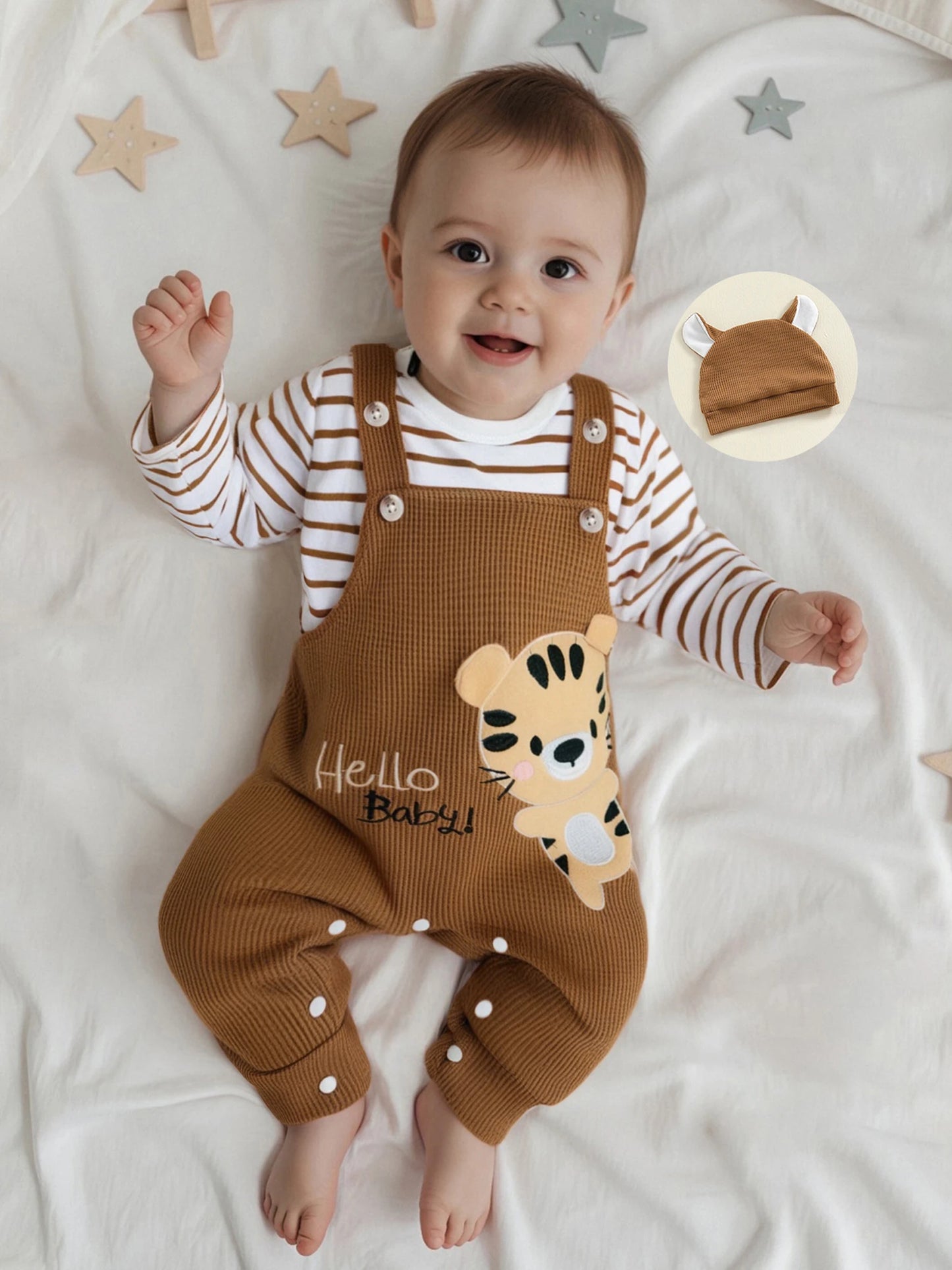 0-18M Infant Baby Boy's Clothing Sets Fashionable Long Sleeve Striped Romper with Tiger Embroidered Overalls and Hat