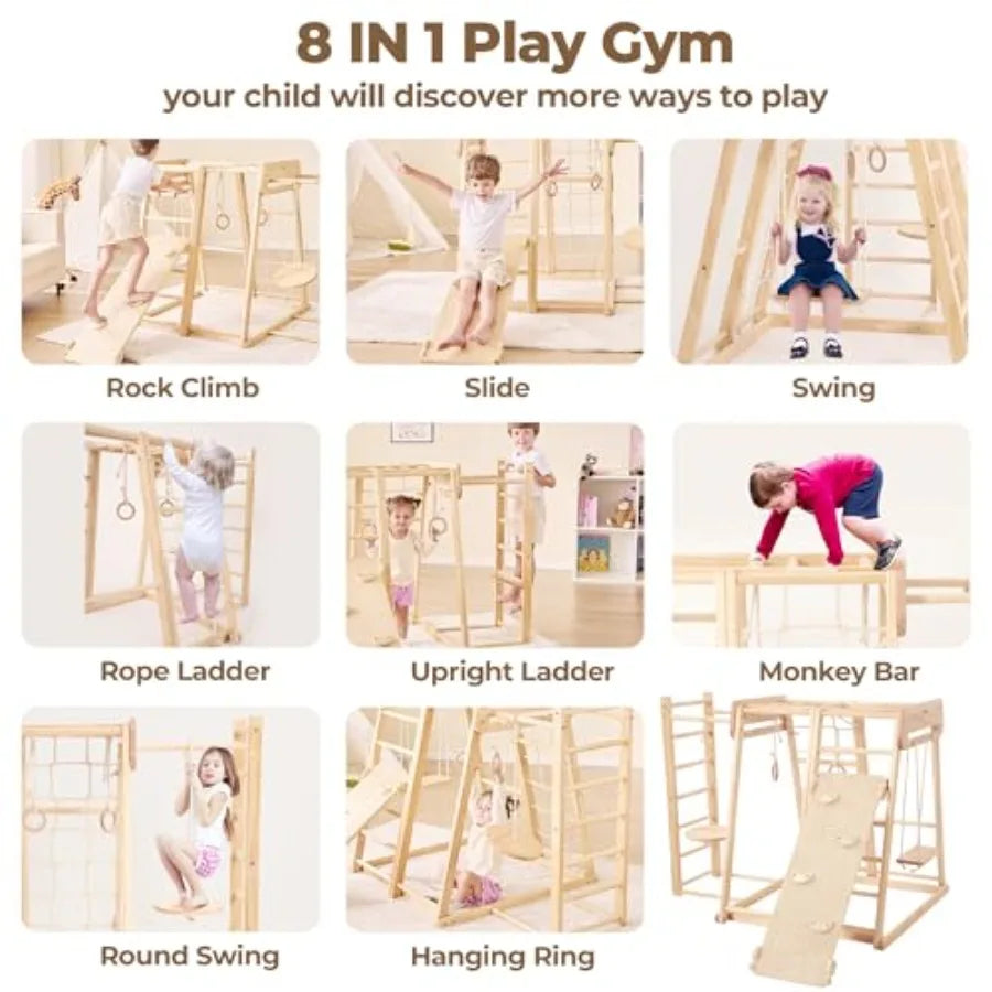 8 in 1 Indoor Jungle Gym for 1-6 Wooden Indoor Playground with Slide and Swing Montessori Climbing Set with Climbing Net and Mo