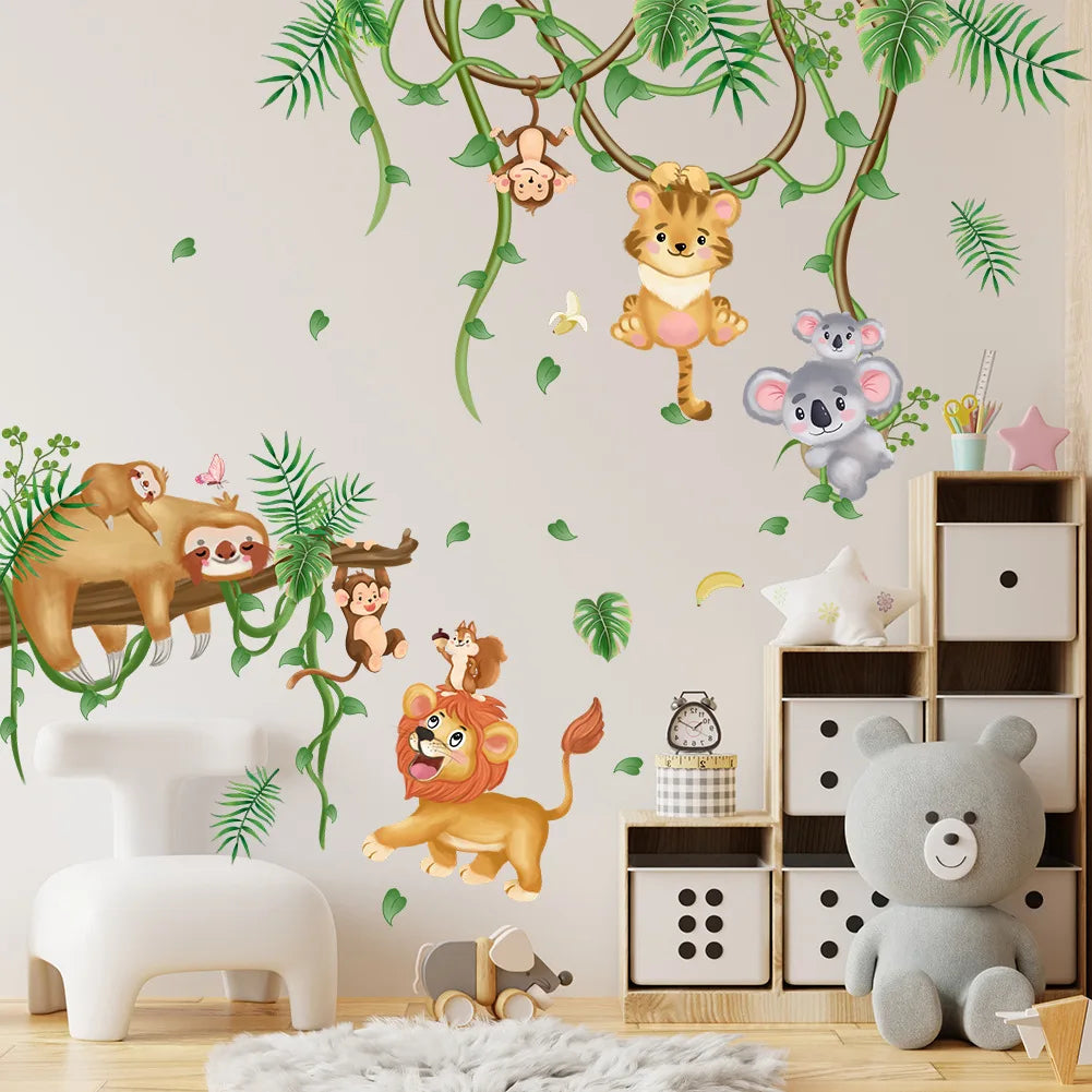 Cute Forest Animals Wall Stickers for Kids Rooms Children Boys Girls Baby Room Decoration Nursery Wallpaper Vinyl Elephant Lion