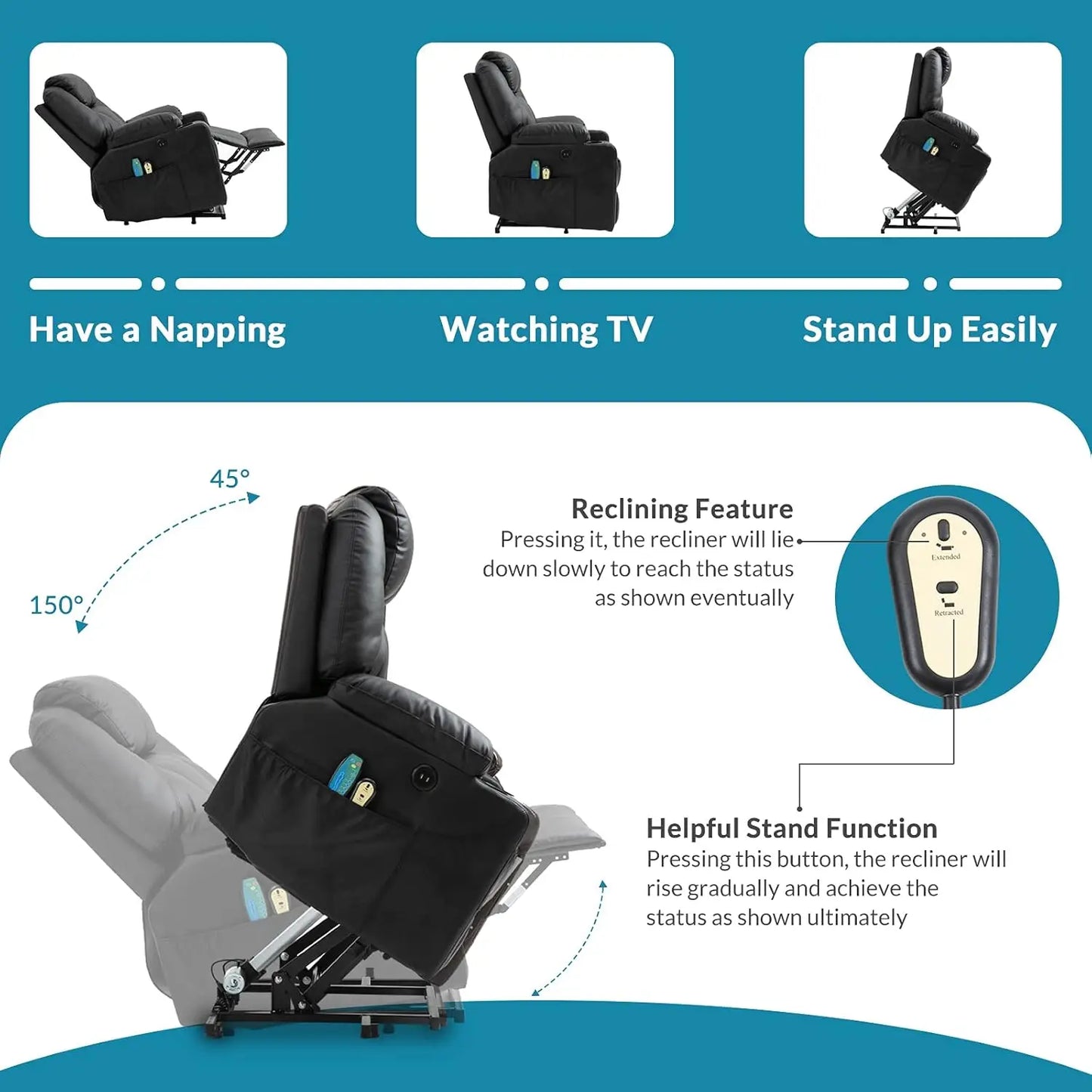 Electric Power Lift Recliner Chair for Elderly with Massage And Heat Faux Leather Comfort Dual Remote Control Customizable