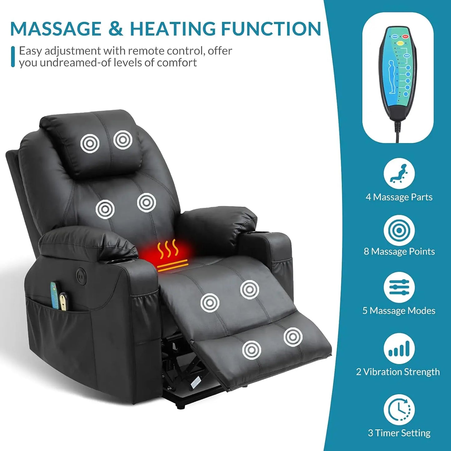 Electric Power Lift Recliner Chair for Elderly with Massage And Heat Faux Leather Comfort Dual Remote Control Customizable
