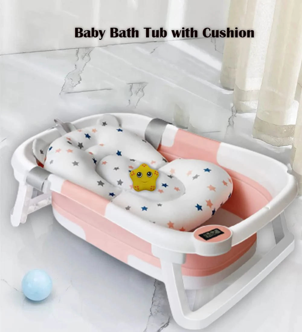 Foldable Baby Bath Tub with Bath Cushion Infant Tub with Thermometer Non-Slip Collapsible Baby Bathtub Newborn to Toddler