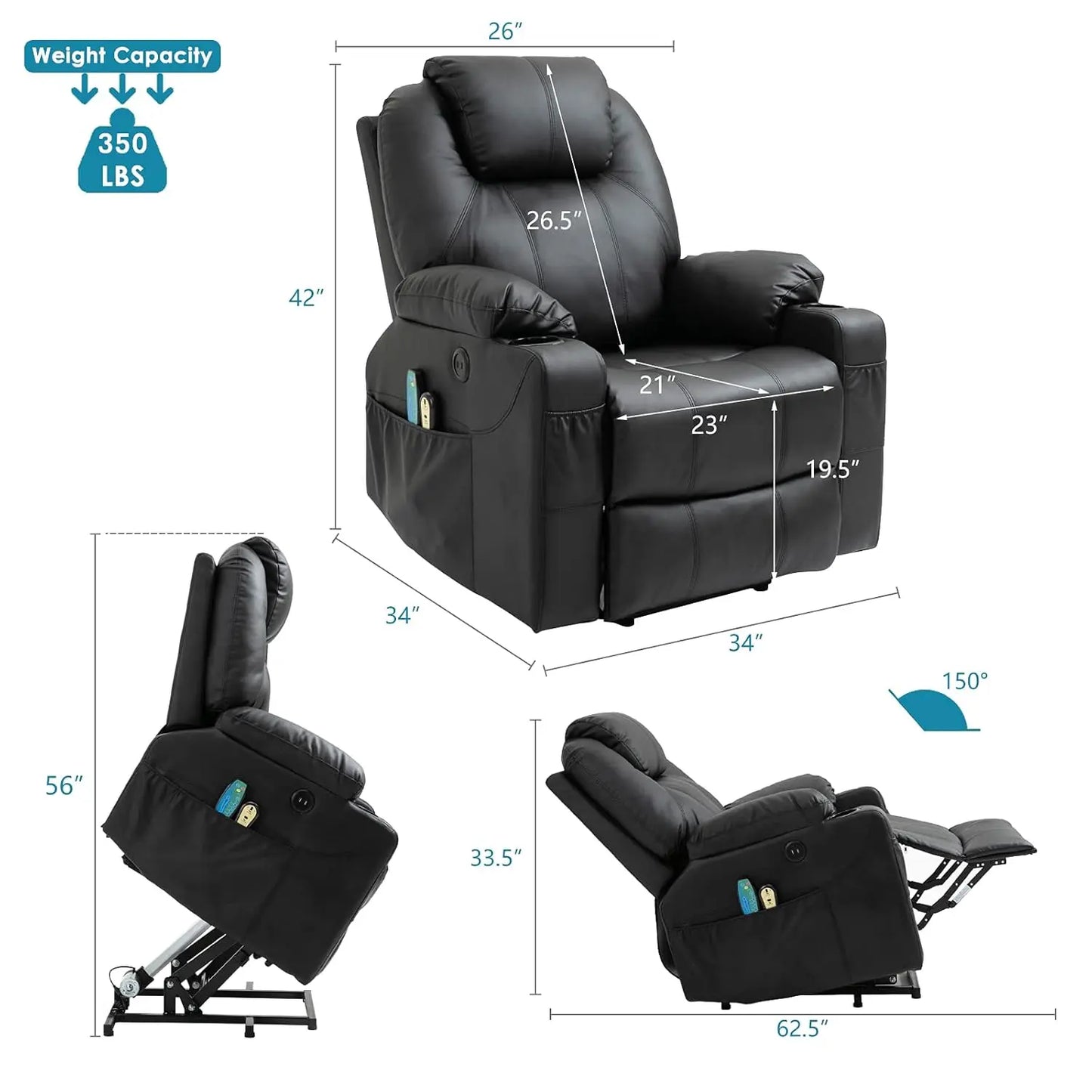 Electric Power Lift Recliner Chair for Elderly with Massage And Heat Faux Leather Comfort Dual Remote Control Customizable