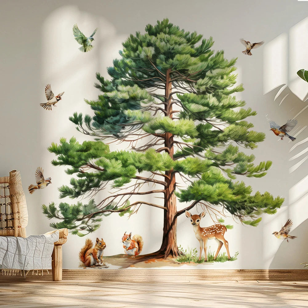 Watercolor Pine Tree Wall Decals, Forest Animal Squirrel Deer Bird Wall Stickers, Removable Nature Mural for Kids Room Nursery