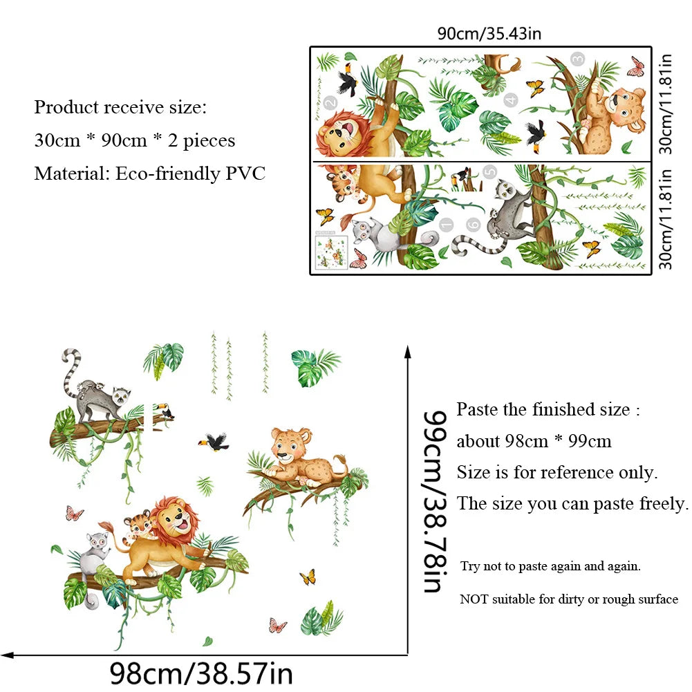 Cartoon Forest Animals Wall Sticker For Kids Bedroom Decoration Mural Cute Lion Raccoon Nursery Decor Self-adhesive Room Decals