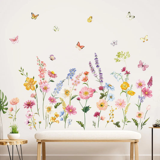 Daisy Wildflower Flower Wall Stickers Baby Nursery Grass Butterflies Wall Decals Bedroom Living Room Home Office Wall Decor