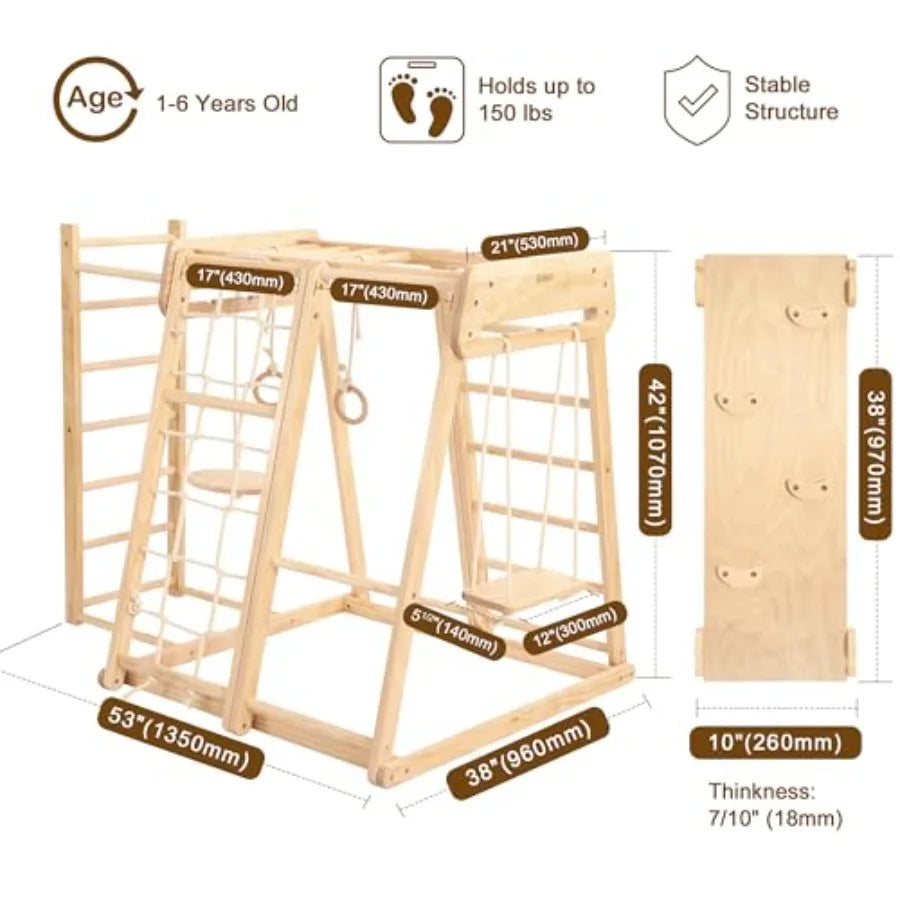 8 in 1 Indoor Jungle Gym for 1-6 Wooden Indoor Playground with Slide and Swing Montessori Climbing Set with Climbing Net and Mo