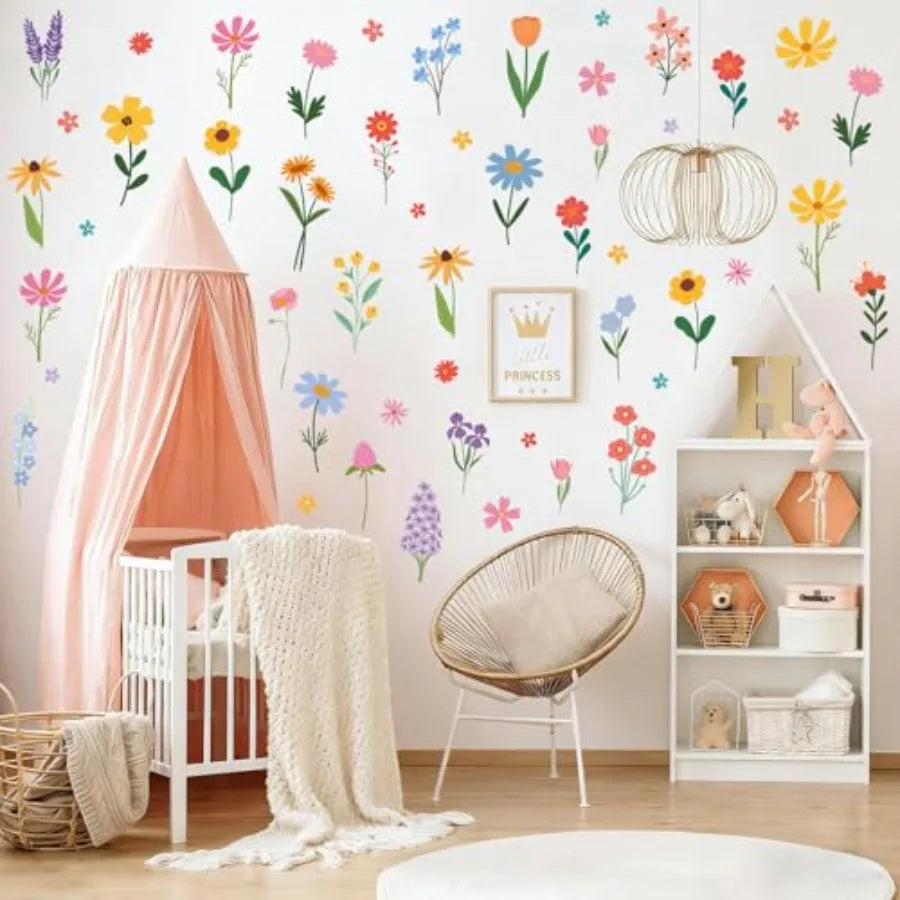 Spring Flower Wall Stickers 8 Sheets Wildflower Wall Decals Peel and Stick Floral Wall Decor for Girls Bedroom Nursery Spring R