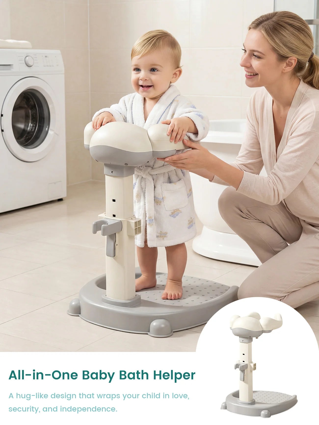Baby Bath Stand with Hug-Like Design, Height Adjustable Toddler Bath Helper, Anti-Slip Shower Support for Front & Back Wash