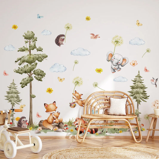 Forest Animals Wall Stickers Cartoon Fox Hedgehog Pine Tree Vinyl Decals for Children's Room Baby Bedroom Home Wall Decoration