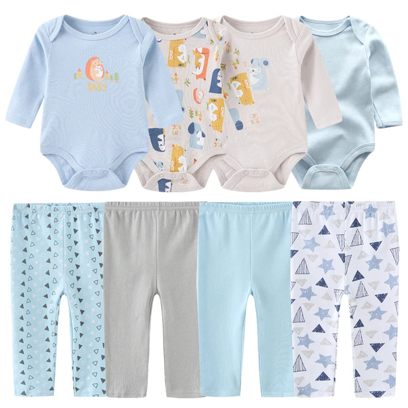 6/8PCS Cotton Baby Boy Clothes Sets Print Bodysuits+Pants Newborn Baby Girl Clothes Long Sleeve Spring Autumn