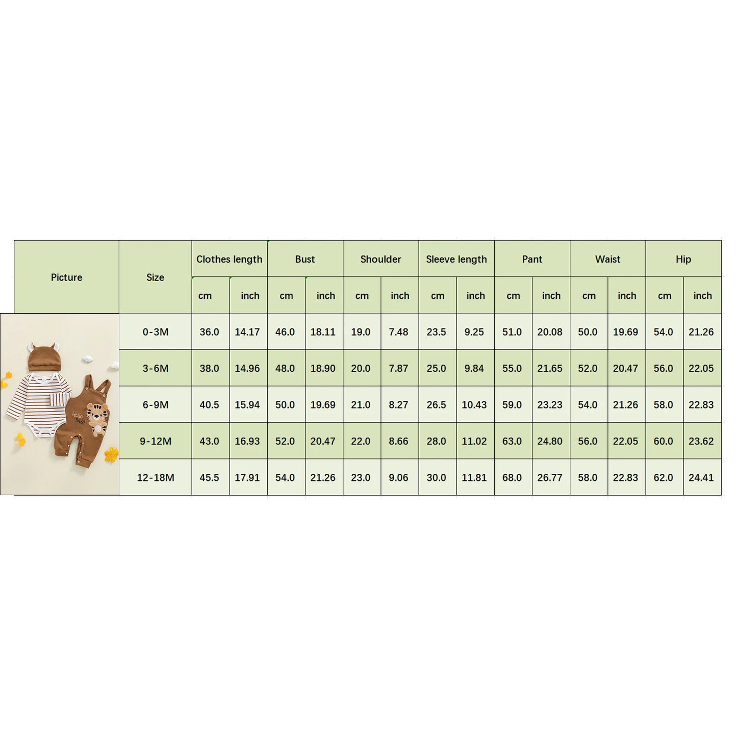 0-18M Infant Baby Boy's Clothing Sets Fashionable Long Sleeve Striped Romper with Tiger Embroidered Overalls and Hat