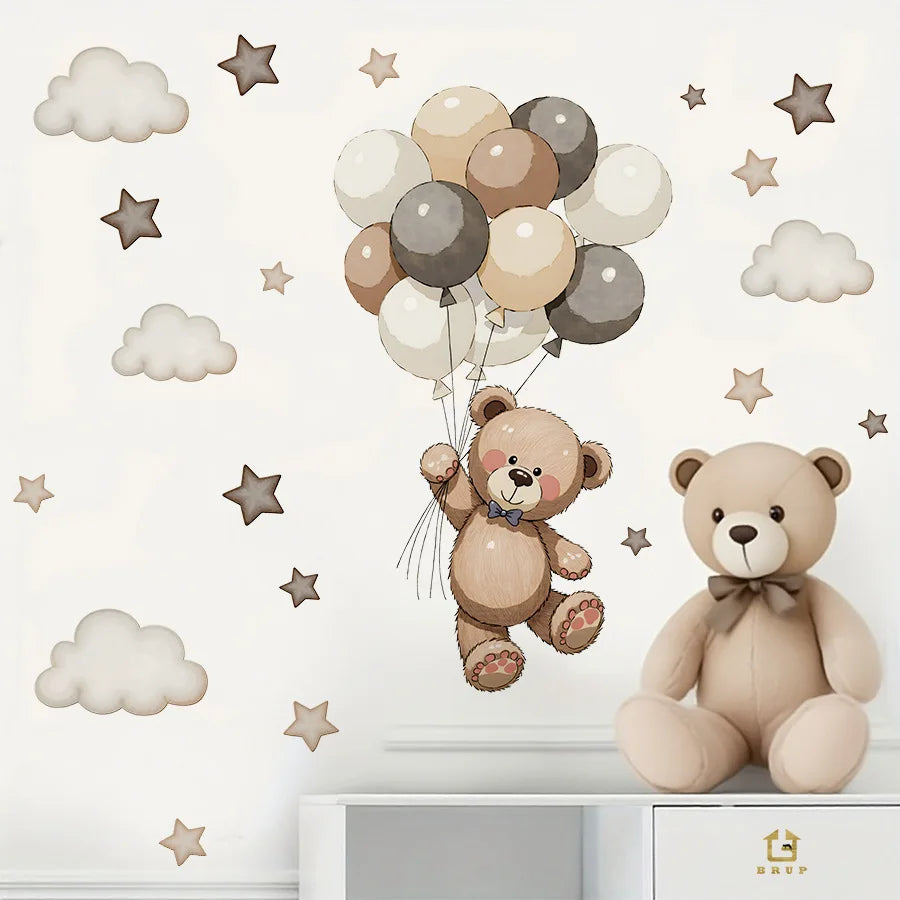 Cute Bear Moon Star Wall Stickers for Kids Rooms Girls Boys Baby Room Decoration Kawaii Cartoon Animal Nursery Wallpaper Vinyl