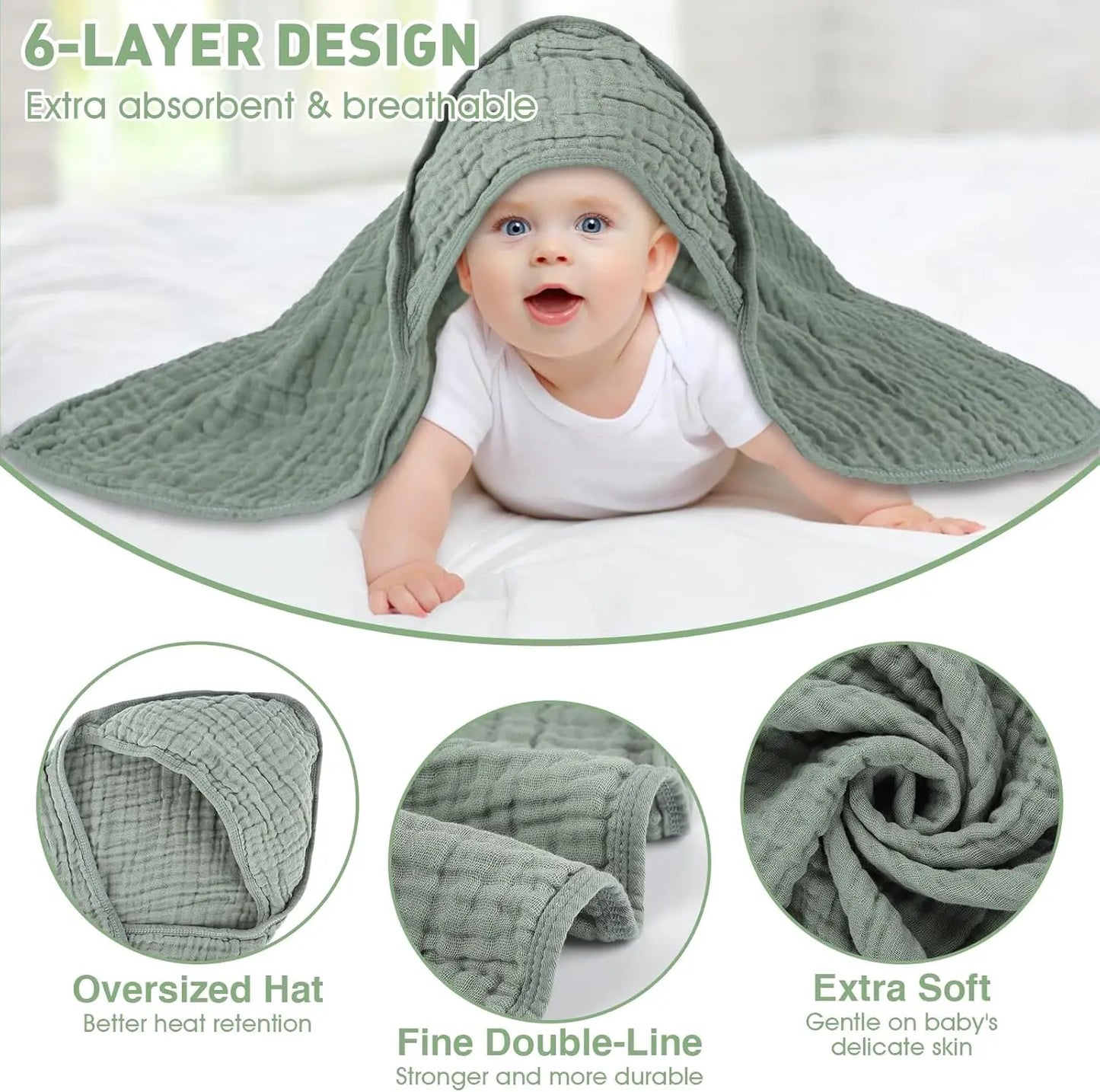 2 Pack Hooded Cotton Baby Towels, 32x32 Inches, Ultra-Soft & Breathable for Bath Time