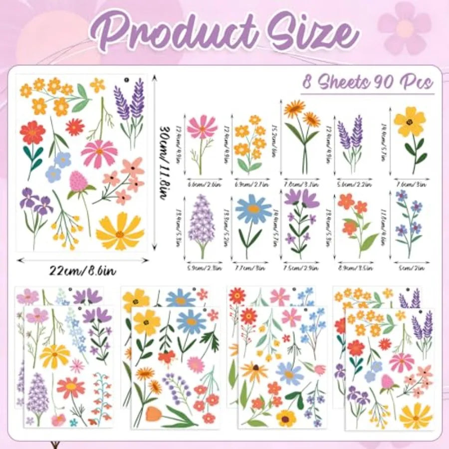 Spring Flower Wall Stickers 8 Sheets Wildflower Wall Decals Peel and Stick Floral Wall Decor for Girls Bedroom Nursery Spring R