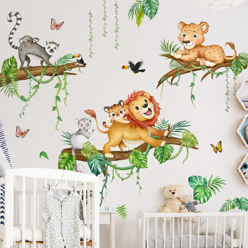 Cartoon Forest Animals Wall Sticker For Kids Bedroom Decoration Mural Cute Lion Raccoon Nursery Decor Self-adhesive Room Decals