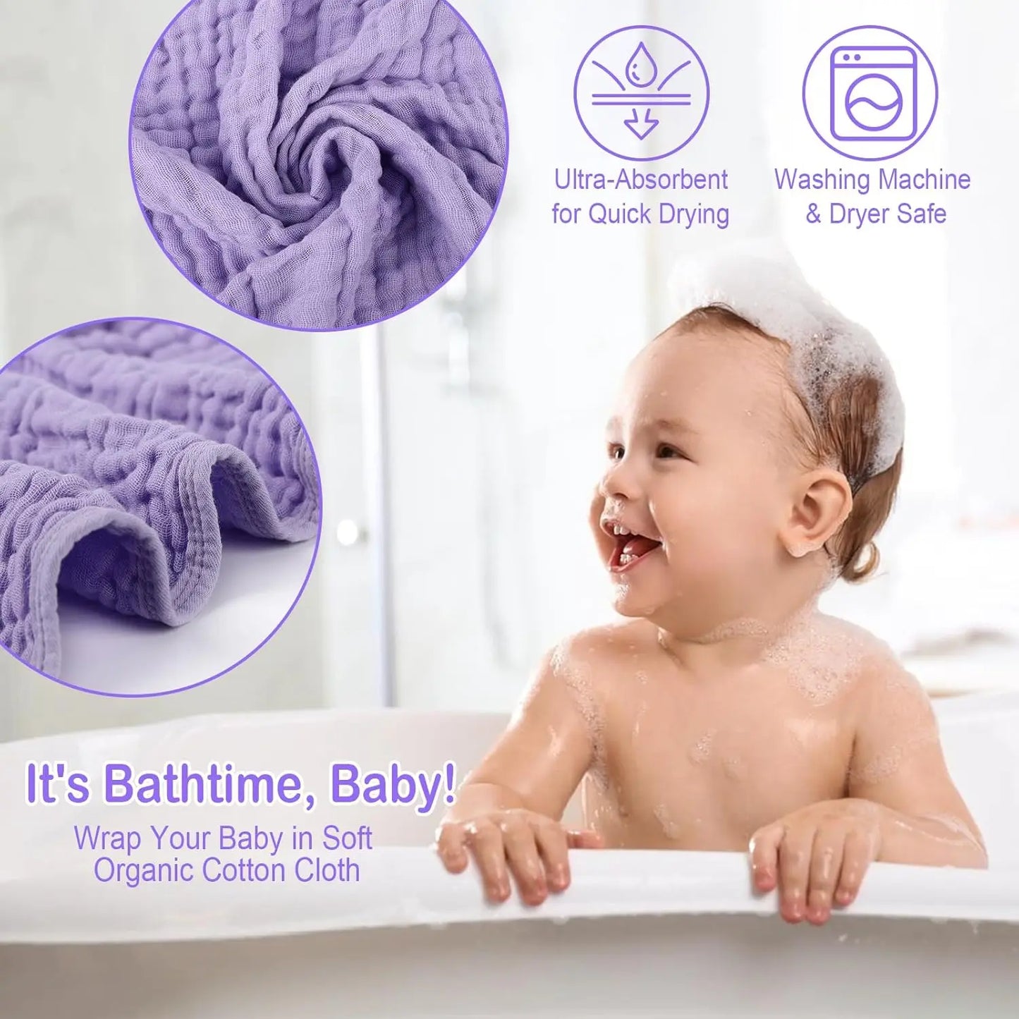 2 Pack Hooded Muslin Cotton Baby Towels, 32x32 Inch, Pink & Purple - Soft and Absorbent for Newborns