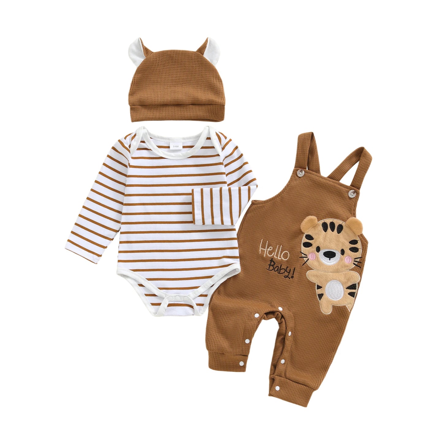 0-18M Infant Baby Boy's Clothing Sets Fashionable Long Sleeve Striped Romper with Tiger Embroidered Overalls and Hat