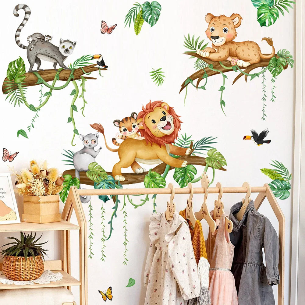 Cartoon Forest Animals Wall Sticker For Kids Bedroom Decoration Mural Cute Lion Raccoon Nursery Decor Self-adhesive Room Decals