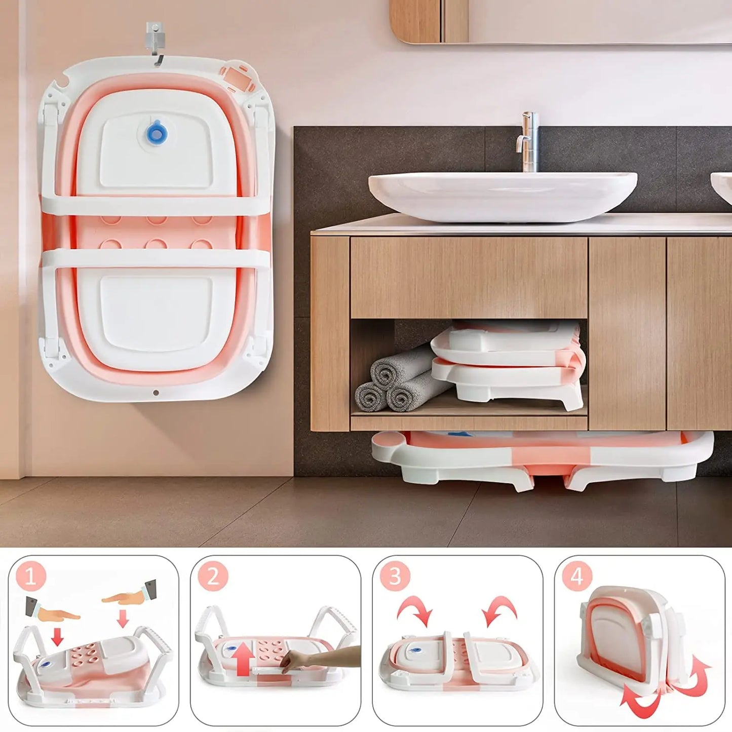 Foldable Baby Bath Tub with Bath Cushion Infant Tub with Thermometer Non-Slip Collapsible Baby Bathtub Newborn to Toddler